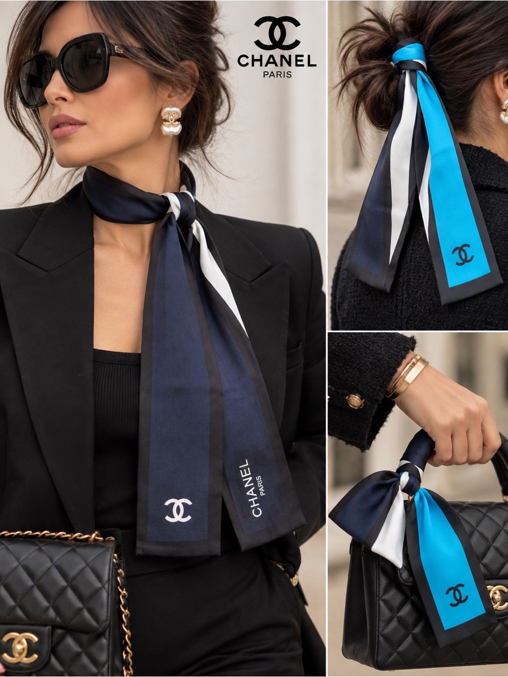 NWT CC Silk Twilly Scarf – Navy, Black, White & Turquoise